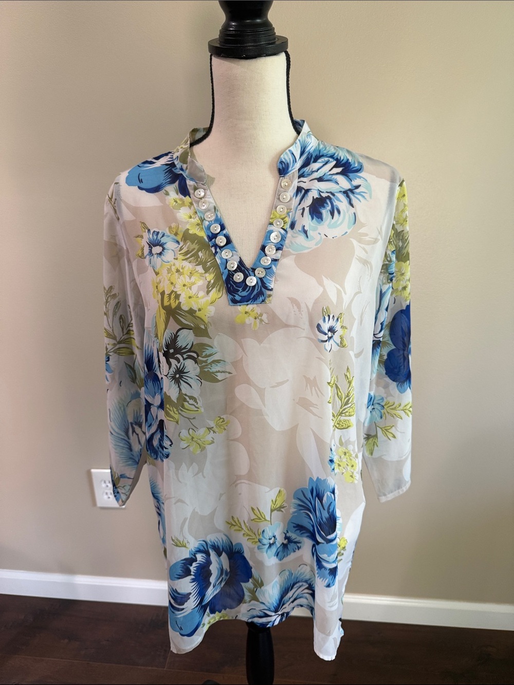 Floral V-Neck Swim Coverup in Blue and White by Salon Studio Size Medium